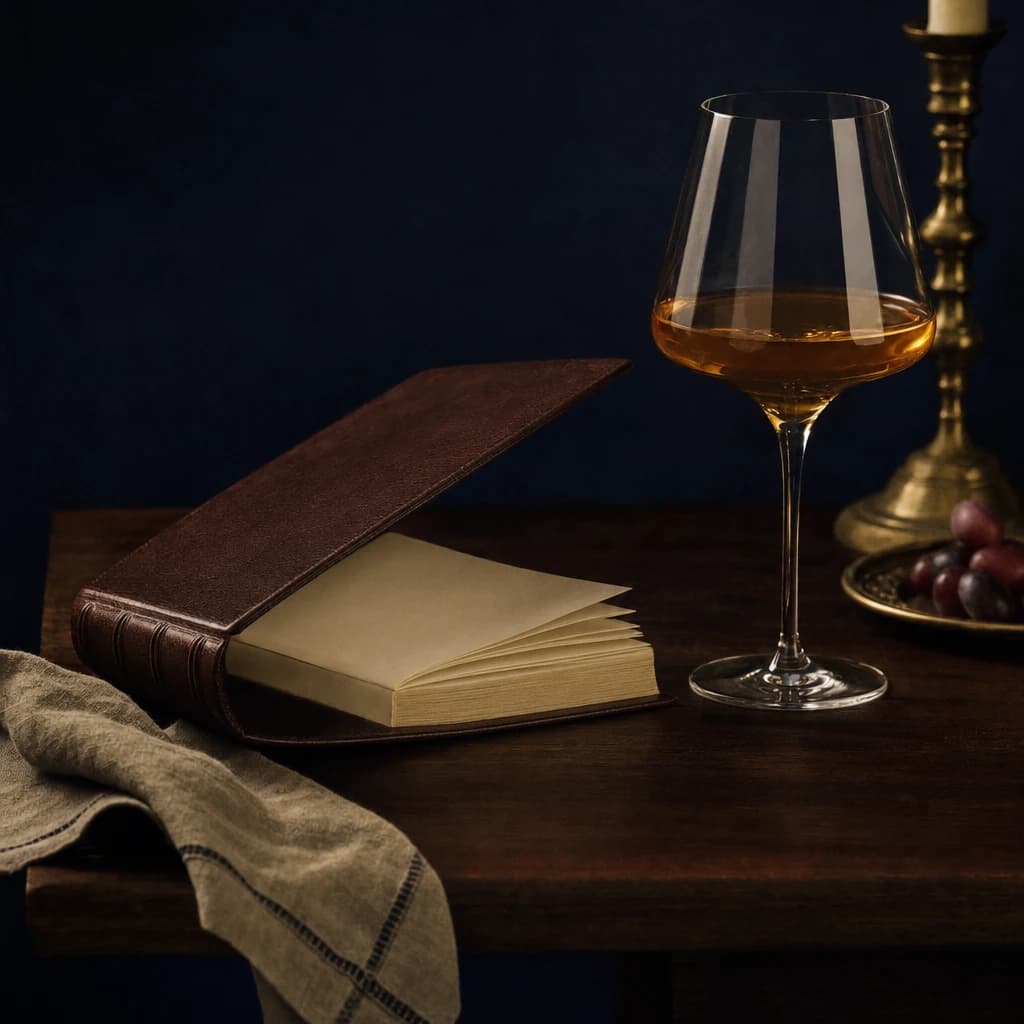A leather-bound book and a glass of wine on a walnut table
