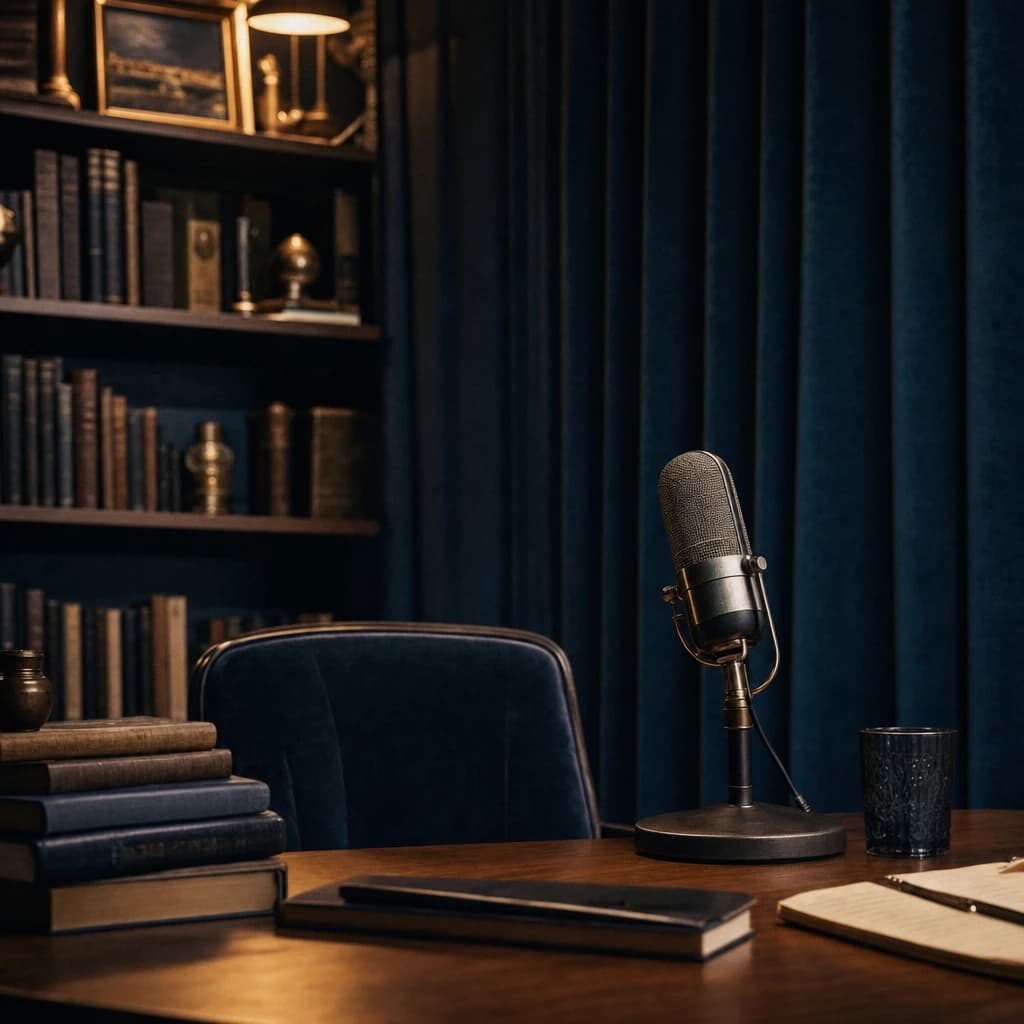 A vintage microphone in a quiet library setting