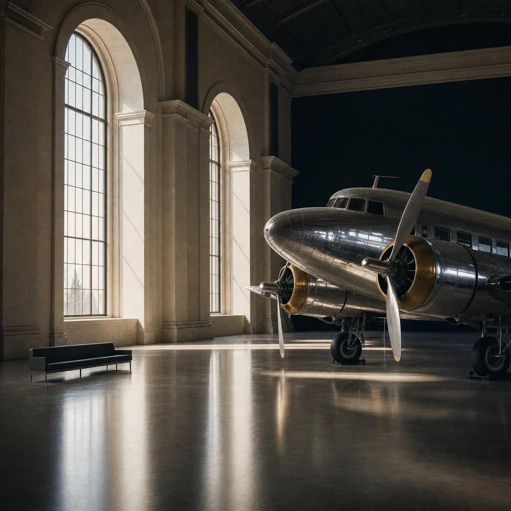 A classic propeller aircraft inside a museum-like hangar