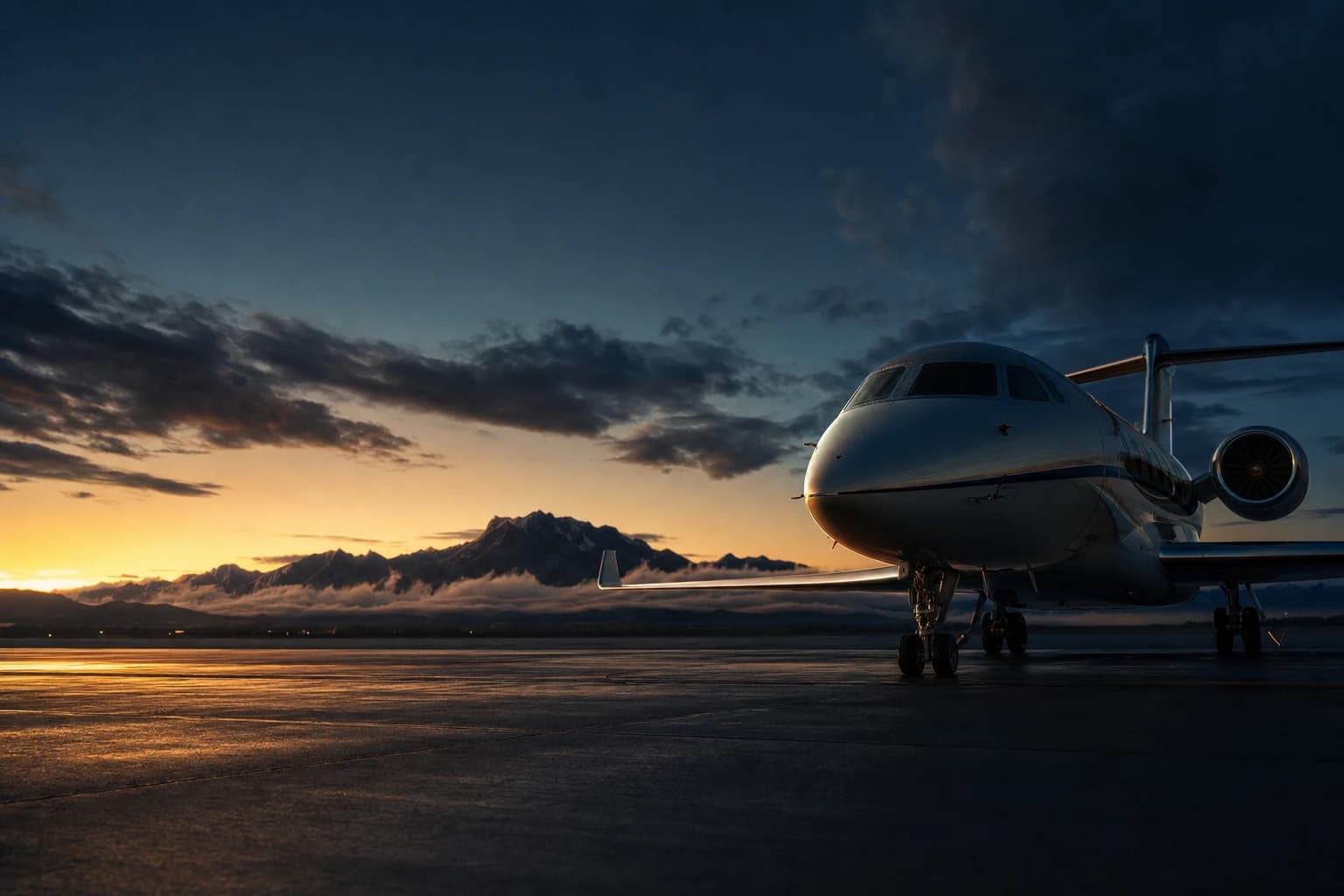 A private jet waiting on a runway at dawn